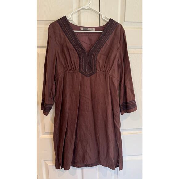 Athleta Deep Burgundy Linen Blend Tunic Dress Bohemian 3/4 Sleeve - Picture 1 of 8